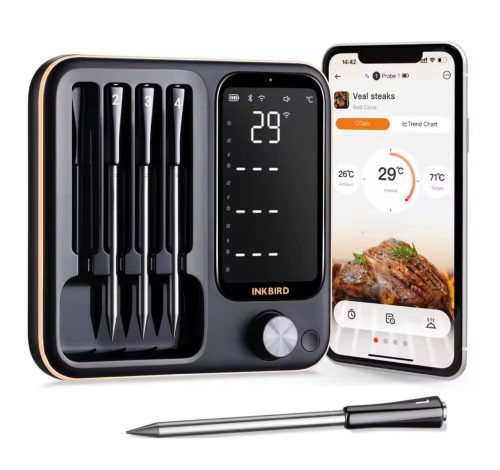 רק 111$/344 ש״ח למד חום אלחוטי לבשר INKBIRD עם 4 חיישנים חכמים לניטור מדויק מהנייד בזמן עישון, צלייה או בישול בתנור לקבלת תוצאה מושלמת בכל פעם!!
