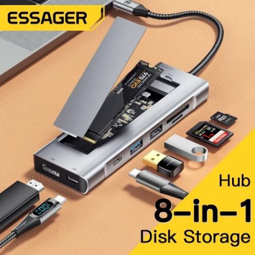 רק 21$/70 ש״ח עם הקופון IFPGDWUQ לדונגל Essager USB-C 8-in-1 כולל מארז משולב לכונן SSD, תומך 4K 100W PD!!
