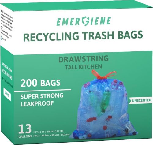 רק 31.9$/104 ש״ח (משלוח חינם בהגעה לסכום כולל של 49$ ומעלה) לסט ענק של 200 שקיות אשפה למחזור בקיבולת 49 ליטר עם סגירה בחוט משיכה – חזקות, עמידות ואטומות לנזילות!!