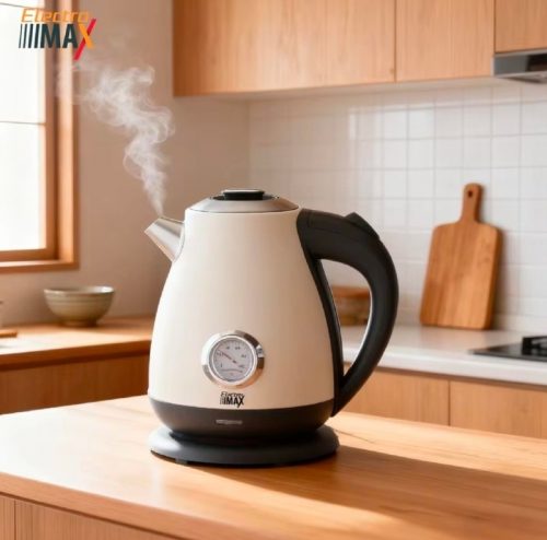 רק 31.3$/102 ש״ח לקומקום חשמלי 1.7 ליטר מבית Electro Max בעיצוב פרימיום עם מד טמפרטורה חיצוני, גוף נירוסטה איכותי ובסיס סיבובי 360°!!