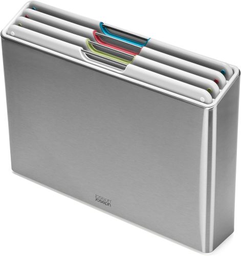 רק 59.39$/194 ש״ח מחיר סופי כולל הכל עד דלת הבית לסט קרשי החיתוך הצבעוניים Folio עם מארז נירוסטה דק לארגון המטבח (4 חלקים) מבית Joseph Joseph!!