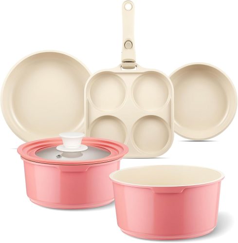 רק 38.9$/126 ש"ח (משלוח חינם בהגעה לסכום כולל של 49$ ומעלה) לסט סירים ומחבתות קרמי Nonstick עם ידית מתפרקת, סה"כ 7 חלקים!!