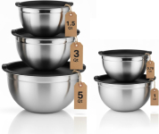 רק 22.8$/70 ש״ח (משלוח חינם בהגעה לסכום כולל של 49$ ומעלה) לסט של 5 קערות ערבוב Vinod מנירוסטה עם מכסים שחורים, בסיס שטוח, נערמות וחזקות!!