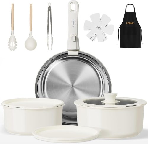 רק 50.9$/157 ש״ח מחיר סופי כולל הכל עד דלת הבית לסט בישול נירוסטה 14 חלקים EvoFar עם ידית נשלפת, TRI-PLY ופיזור חום מושלם לכל כיריים!!