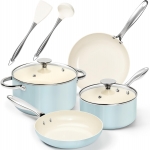 רק 49.9$/167 ש״ח מחיר סופי כולל הכל עד דלת הבית לסט סירים ומחבתות MICHELANGELO תכלת 8 חלקים נון-סטיק תואם אינדוקציה!!