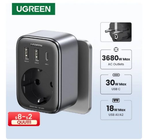 רק 13.5$/45 ש״ח עם הקופון IFPWLRY למטען קיר מבית UGREEN עם 2 יציאות USB בהספק 18W ויציאת TypeC בהספק 30W + שקע AC אירופאי!!
