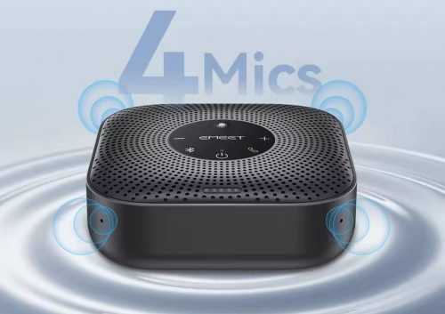רק 36.7$/120 ש״ח לרמקול אלחוטי חכם EMEET M0 Plus עם קליטת קול היקפית 360°, 4 מיקרופונים וסינון רעשים – מושלם לשיחות עבודה מהבית או המשרד!!