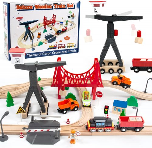 רק 29.9$/97 ש״ח (משלוח חינם בהגעה לסכום כולל של 49$ ומעלה) לערכת רכבת עץ ענקית WOOD CITY עם 56 חלקים, מנוף, גשר תלוי ומשאיות – תואמת Thomas, Brio ועוד!!