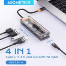 רק 8.5$/26 ש״ח למפצל 4-ב-1 USB-C של ASOMETECH עם 4 יציאות USB 3.0 מהירות, חיבור חשמל PD לעבודה יציבה, עיצוב שקוף ייחודי ומהירות העברת נתונים גבוהה למחשבים וטאבלטים!!