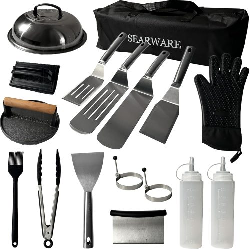 רק 24.9$/77 ש״ח (משלוח חינם בהגעה לסכום כולל של 49$ ומעלה) לסט אביזרי גריל SEARWARE מנירוסטה עם כפפת חום, משקולת ברזל יצוק ותיק אחסון נוח!!