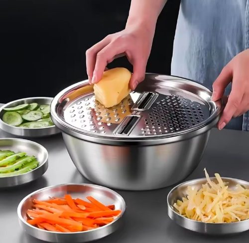 רק 8.1$/25 ש״ח לסט רב שימושי לחיתוך ירקות עם קערת נירוסטה מסננת וסל ניקוז להכנת סלטים מהירה ונוחה במטבח יומיומי!!