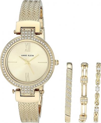 רק 54.5$/179 ש״ח מחיר סופי כולל הכל עד דלת הבית לסט שעון ותכשיטים אנין טעם מבית Anne Klein עם עיצוב מוזהב, גבישי קריסטל נוצצים, רצועת רשת קלאסית ועמידות למים!!