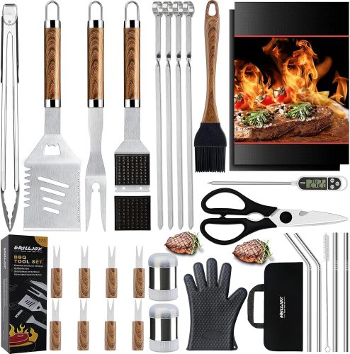 רק 99 ש"ח (משלוח חינם בהגעה לסכום כולל של 49$ ומעלה) לסט כלים למנגל מבית Grilljoy הכולל מדחום לבשר ואביזרים נוספים!!