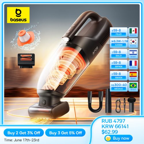 רק 63.9$\236 ש״ח עם הקופון 06BFAE לשואב אבק נטען נייד עוצמתי מבית Baseus עם מיכל אשפה גדול ורולר חובט!!