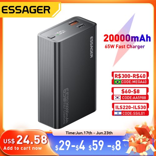רק 23.5$\87 ש״ח עם הקופון BTSIL1 למטען הנייד הנהדר Essager PD 65W Power Bank 20000mAh!!