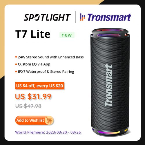 Tronsmart T7 Lite Bluetooth Speaker Bass Portable Speaker with 24H Play  time app