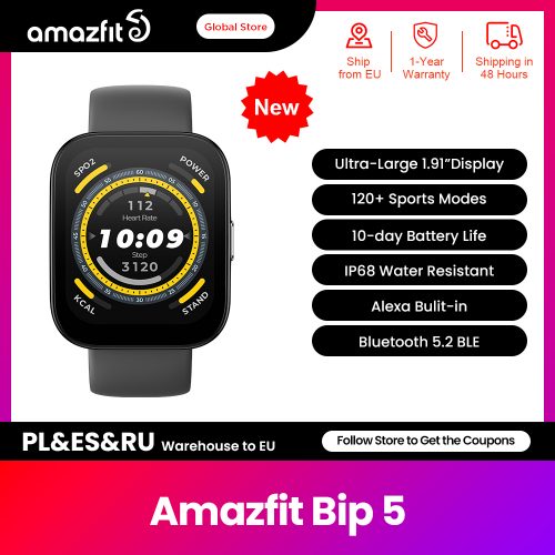 רק 34.2$/110 ש״ח לשעון החכם האיכותי Amazfit Bip 5 עם מסך ענק ‎1.91‎ אינץ’, שיחות Bluetooth וסוללה ל־10 ימי שימוש!!
