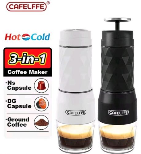 רק 24.4$/79 ש״ח למכונת קפה ניידת 3 ב-1 מבית Cafelffe – מתאימה לקפסולות נספרסו, דולצ’ה גוסטו וקפה טחון, לשימוש עם מים חמים או קרים!!