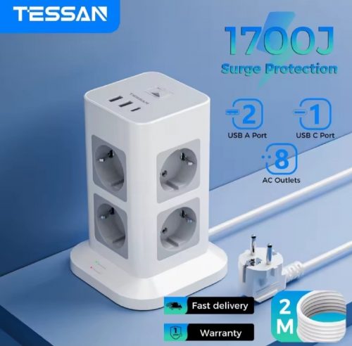 רק 21.1$/69 ש״ח למפצל שולחני חכם מבית TESSAN עם 8 שקעים, 3 יציאות USB, כבל 2 מטר והגנת מתח – פתרון מושלם לעמדת עבודה או עמדת טעינה בבית!!