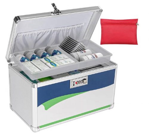 רק 28.7$/93 ש״ח (משלוח חינם בהגעה לסכום כולל של 49$ ומעלה) לקופסת תרופות נעולה מאלומיניום עם נעילת קומבינציה, מגש פנימי ותיק נשיאה – הגנה מקסימלית בבית ובנסיעות!!