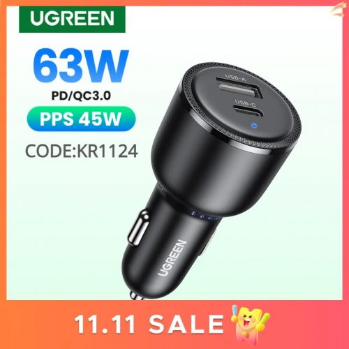 רק 9.9$/33 ש״ח למטען רכב עוצמתי UGREEN 63W עם טעינה מהירה PD 3.0 + QC 3.0 + PPS, יציאות USB-C ו־USB-A, תמיכה באייפון, סמסונג, שיאומי ועוד – קומפקטי, בטוח וחכם!!