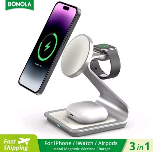 רק 13.9$/45 ש״ח לעמדת טעינה אלחוטית 3 ב־1 של Bonola עם טעינה מהירה עד 30W לאייפון, אפל ווטש ואיירפודס – כולל מגנט מובנה לעבודה מושלמת עם MagSafe!!