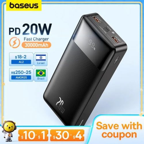 לחטוף!! רק 22.5$\81 ש״ח עם הקופון AECD03 לסוללה הניידת הענקית הנהדרת Baseus Power Bank 30000mAh!!