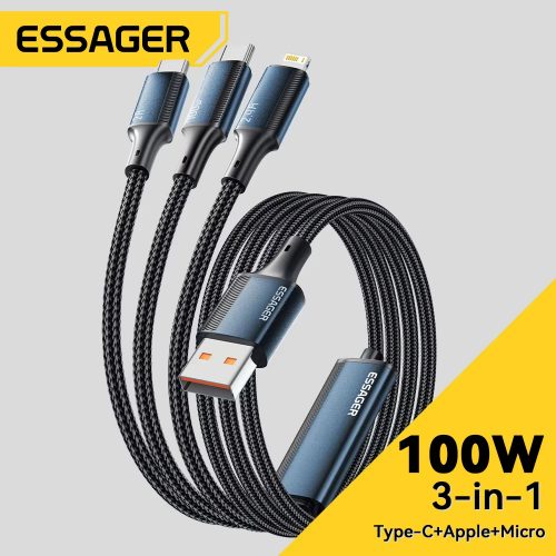 רק 4.3$/14 ש״ח לכבל 3 ב-1 מבית Essager בהספק 100W ובאורך 1.2 מטר!!