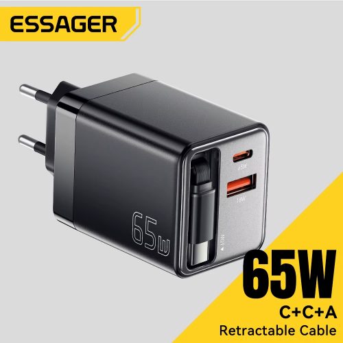 רק 14.8$/48 ש״ח למטען GaN מהיר 65W מבית Essager עם כבל נשלף, תומך בטעינת טלפונים, טאבלטים ומחשבים ניידים – כולל יציאות USB-C ו-USB-A!!