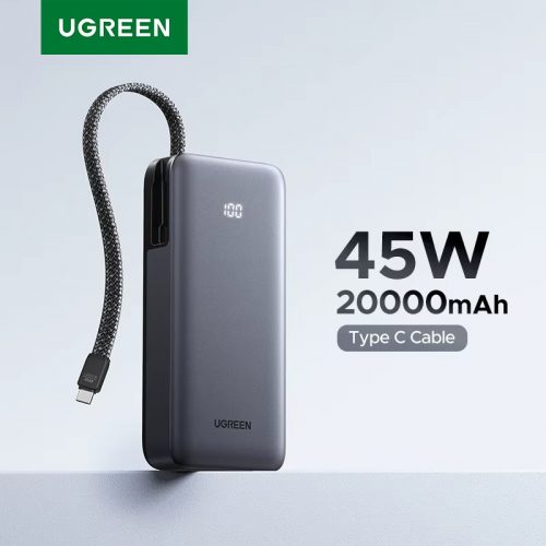 רק 21.7$/70 ש״ח למטען הנייד UGREEN בנפח 20,000mAh עם כבל USB-C מובנה, טעינה מהירה 45W ו-3 יציאות חכמות!!