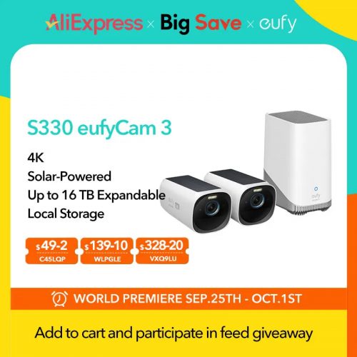 רק 93$\348 ש״ח עם הקופון 12AED11 למצלמות ומערכת אבטחה סולארית אלחוטית Anker eufy S330 כולל משלוח מהיר ממחסן ישראל (ללא מיסים)!!