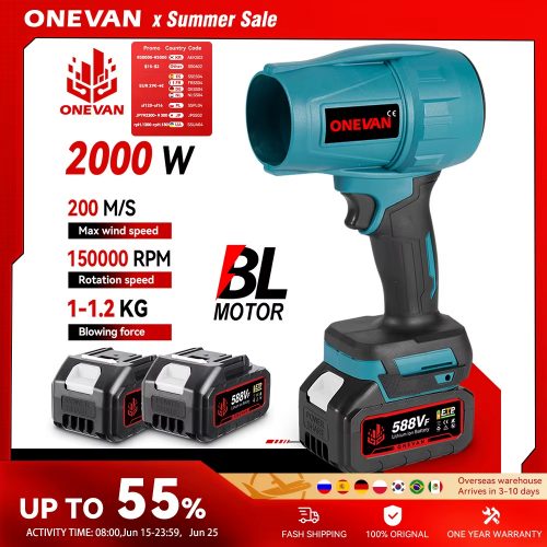 רק 23$/75 ש״ח למפוח טורבו חשמלי עוצמתי ONEVAN בהספק 2000W – תואם Makita, מושלם לניקוי עלים, לכלוך ואבק!!