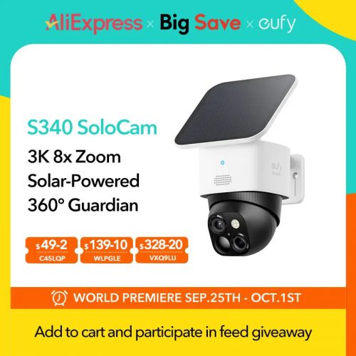 רק 99.5$/326 ש״ח למצלמת אבטחה חיצונית נטענת Eufy S340 עם פאנל סולארי, עדשה כפולה, צילום ב־3K, סיבוב 360° ושמע דו־כיווני!!