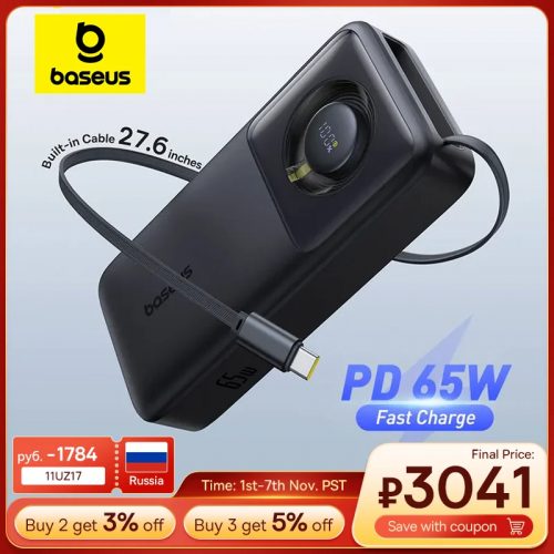 רק 22$/71 ש״ח למטען הנייד העוצמתי Baseus 65W 20,000mAh‎ עם כבל Type-C מובנה וטעינה מהירה דו־כיוונית!!