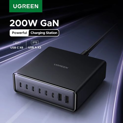 מטען העל UGREEN GaN 200W עם 8 חיבורים וטעינה מהירה
