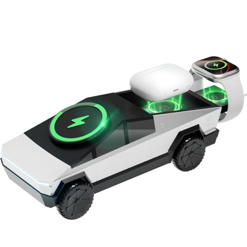 רק 26$/80 ש״ח למטען אלחוטי מגנטי 3 ב־1 בעיצוב Cybertruck מודרני, טעינה מהירה לאייפון, איירפודס ושעון חכם בעמדה אלגנטית לשולחן העבודה!!