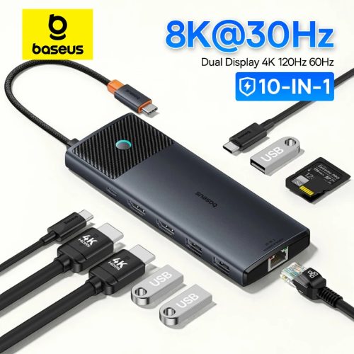 רק 15.5$/48 ש״ח למפצל USB-C חכם Baseus 10-in-1 עם 2 יציאות HDMI, טעינת 100W וחיבורי רשת וכרטיסים לשדרוג מלא של כל מחשב נייד!!