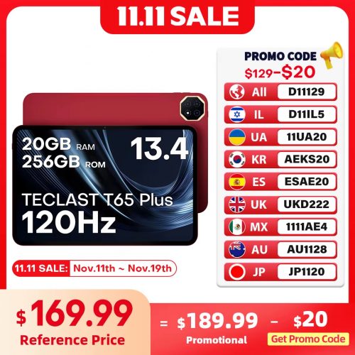 רק 142$/466 ש״ח לטאבלט הענק והעוצמתי Teclast T65 Plus עם מסך ‎13.4‎״ ‎2K‎, מעבד G99, זיכרון ‎20GB‎ ו־סוללה ‎10000mAh‎!!