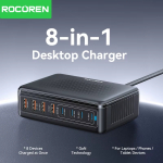 רק 25.8$/79 ש״ח למטען שולחני Rocoren GaN עוצמתי 200W עם תחנת טעינה 8 יציאות ב-1 לטעינה מהירה של לפטופ, טלפון וטאבלט במקביל בלי בלגן על השולחן!!